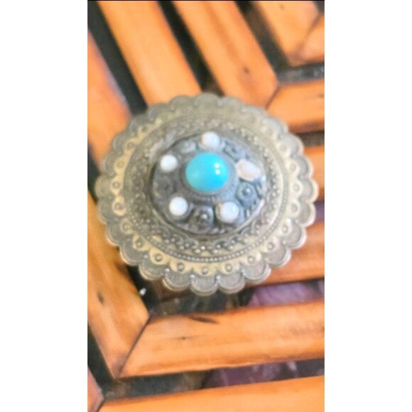 Filigree Jewelry - Antique Brass Scalloped Filigree Brooch Faux Turquoise Pearl Cluster Pin